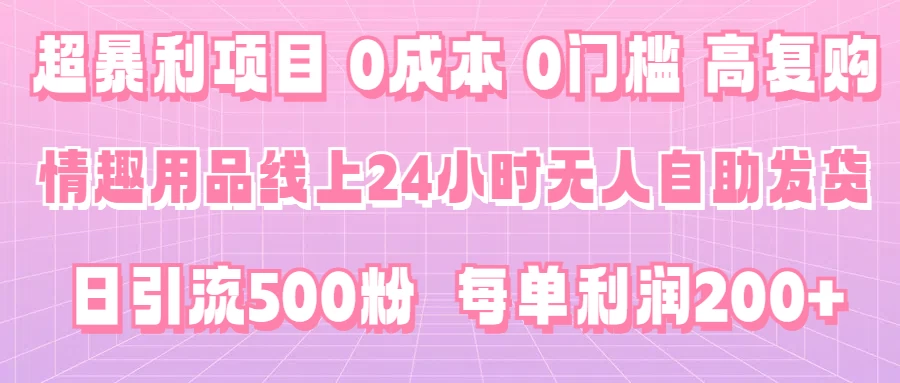超暴利项目,情趣用品线上24小时-无人自助发货,0成本,0门槛,高复购,有手就能做,日引500粉,每单利润200+