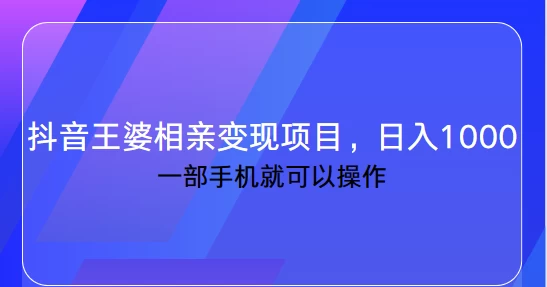 抖音王婆相亲变现私域项目,日入1000+ 一部手机就可操作