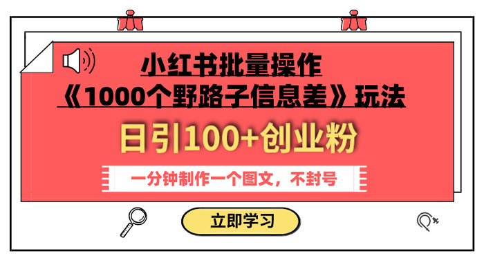 小红书批量操作《 1000 个野路子信息差》玩法，日引 100+ 创业粉，一分钟一个图文