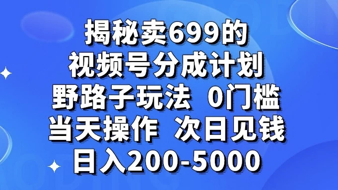 揭秘卖 699 的视频号分成计划野路子玩法，日入 200-5000，0 门槛，当天操作，次日见钱-黎明岛-互联网资源